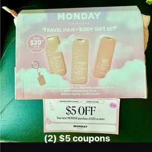 Monday Brand Travel Shampoo/conditioner/body wash, pouch, coupons keychain set